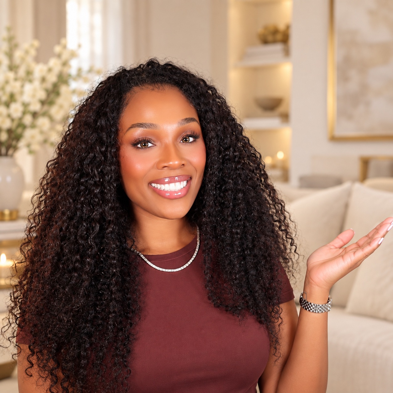 Vanessa smiling, with long curly hair, in a cozy living room