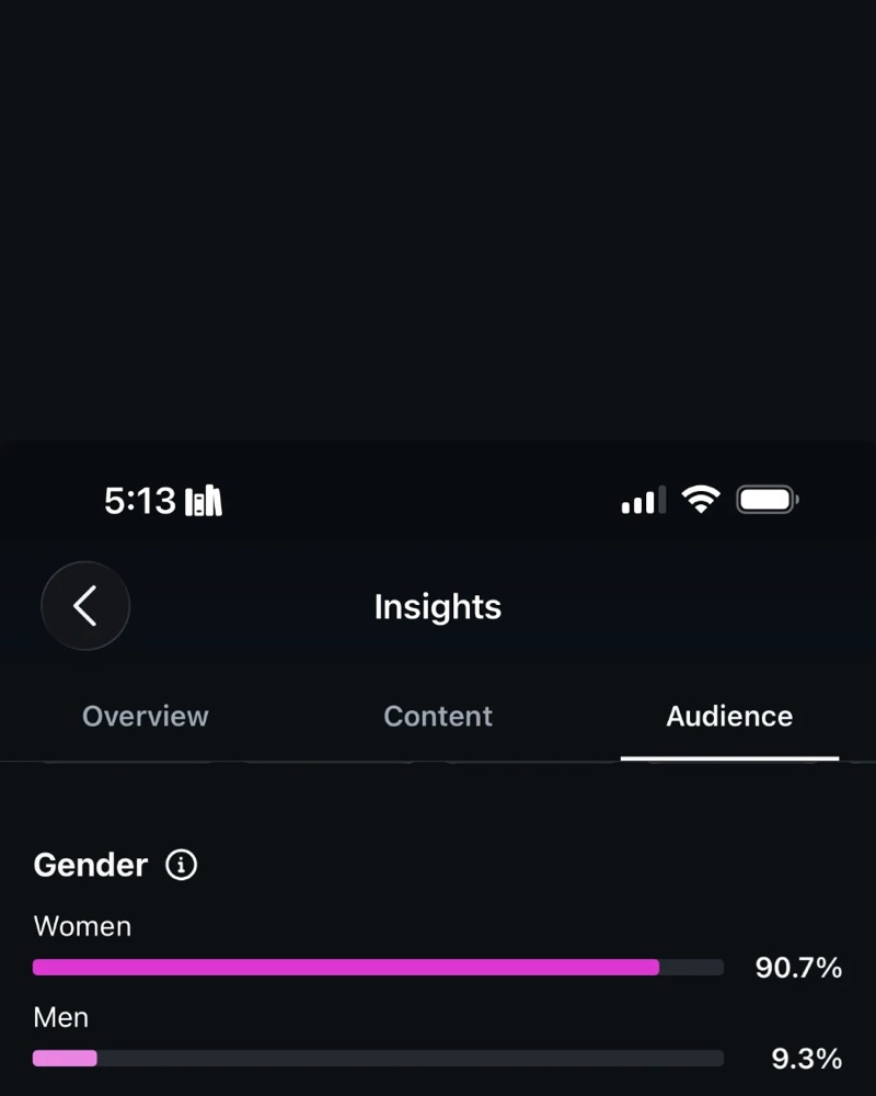 Instagram audience insights: 90.7% women, 9.3% men